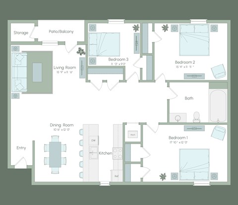 A floor plan of a house with three bedrooms, a living room, a dining room, a kitchen, a bathroom, and a storage area.